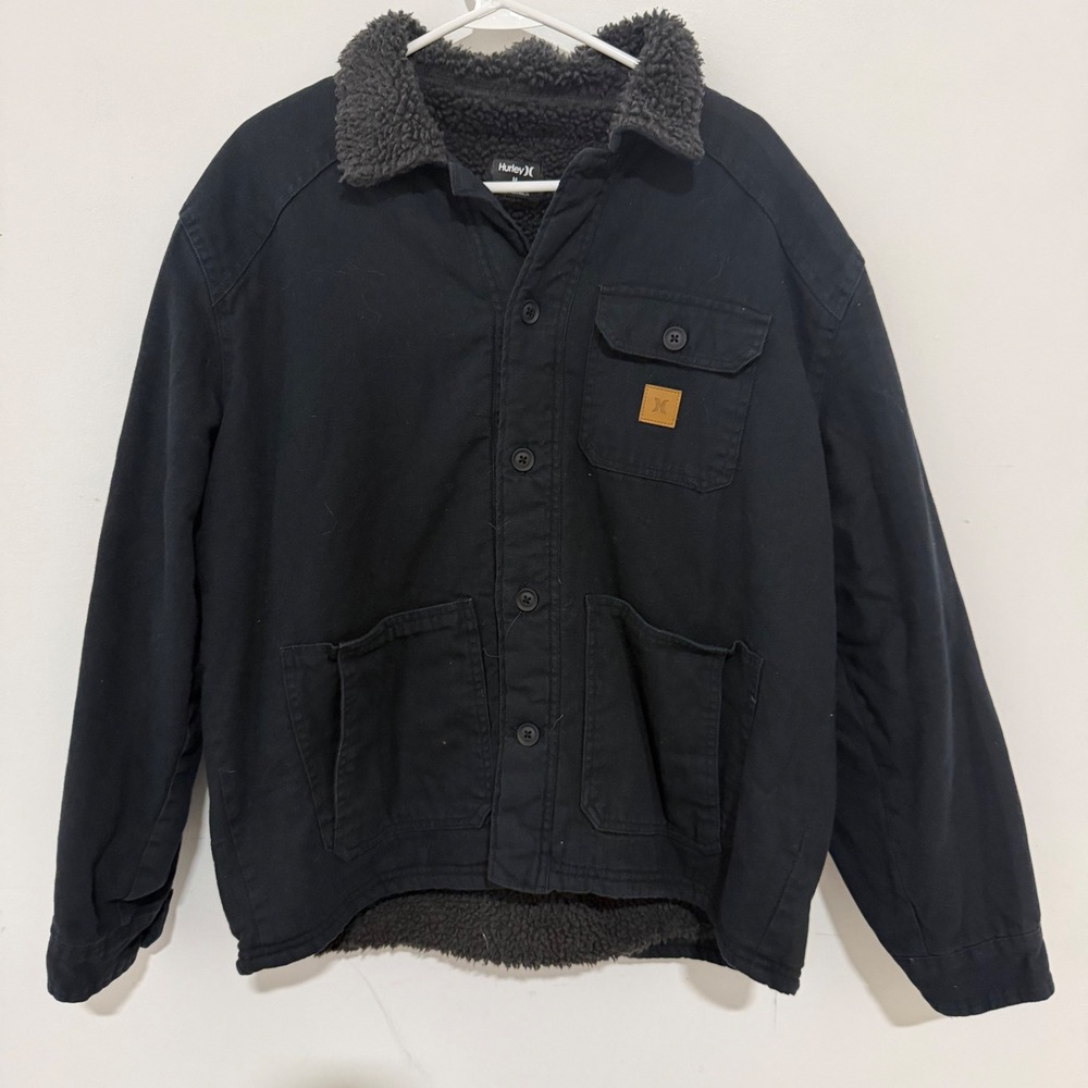 Hurley Mens Sherpa Lined Canvas Jacket Black Workwear Coat Medium